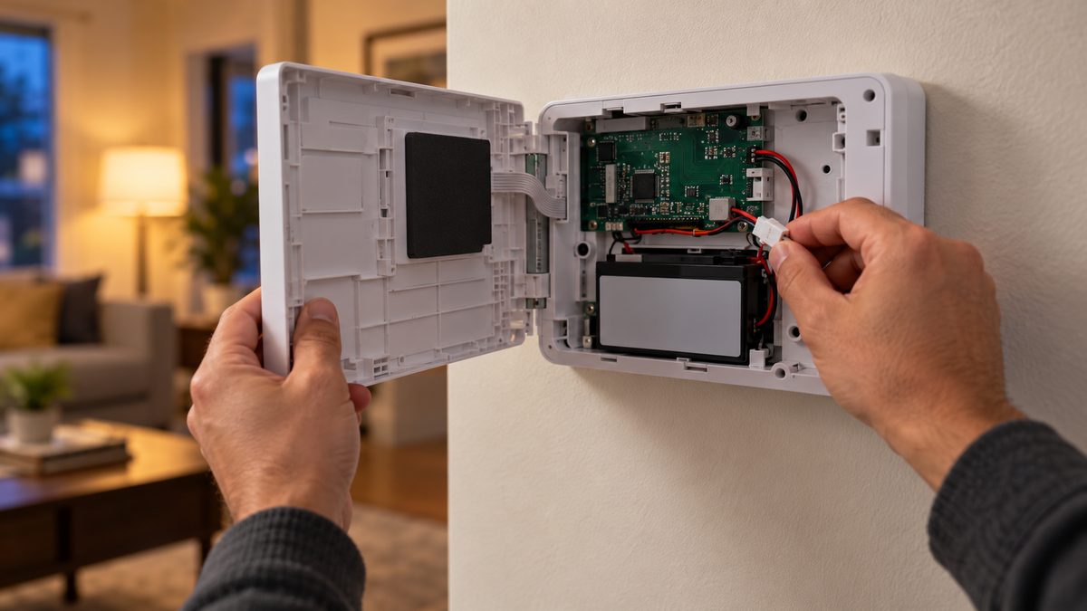Homeowner holding a touchscreen alarm panel open to reveal the backup battery pack and wiring
