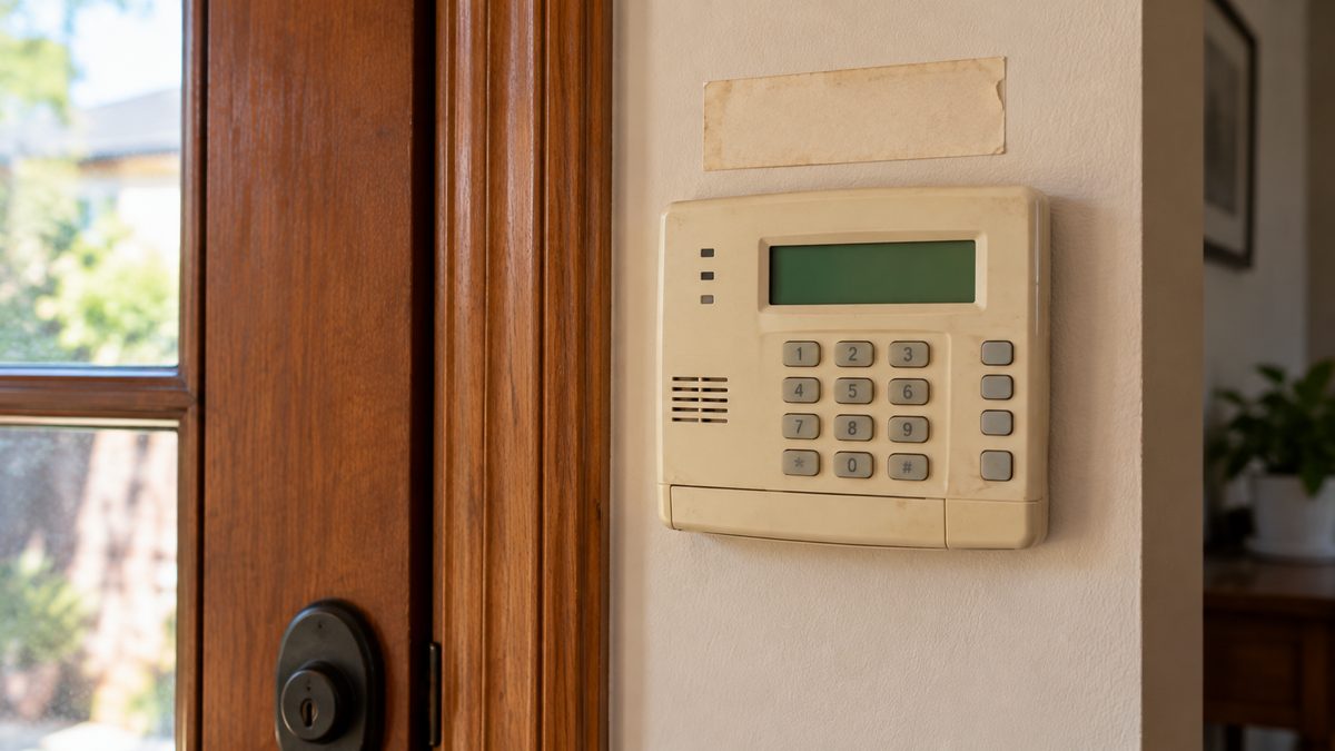 An older beige alarm keypad with a small LCD and a faded label, mounted beside a door frame