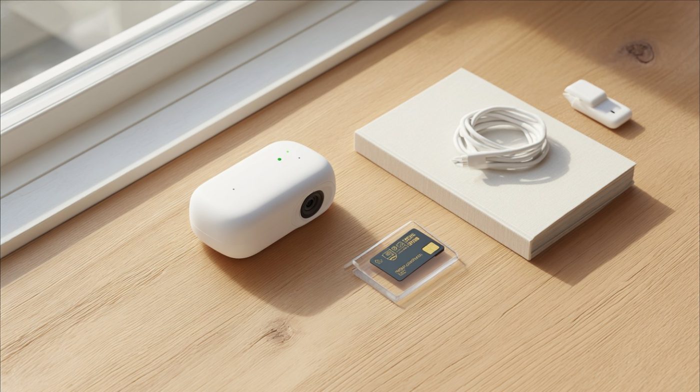 A wireless security camera beside a microSD card, local storage hub and USB cable on a wooden table