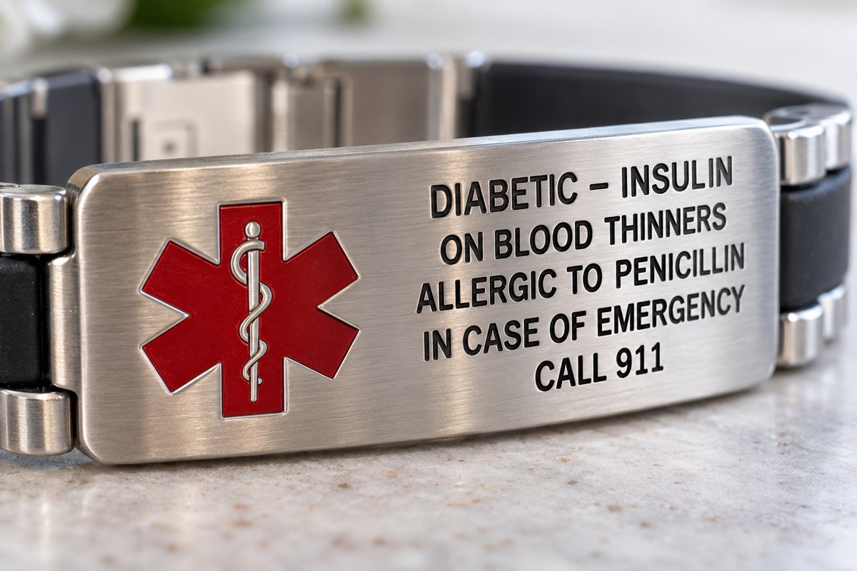 Close-up of a medical alert bracelet engraved with Diabetic - Insulin, On Blood Thinners, Allergic to Penicillin, In Case of Emergency Call 911