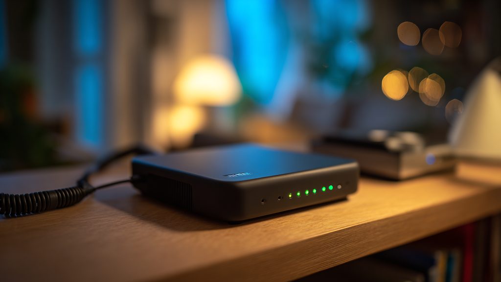 Close-up of a small home video recorder box with indicator lights on a shelf, connected by cable, storing security footage locally