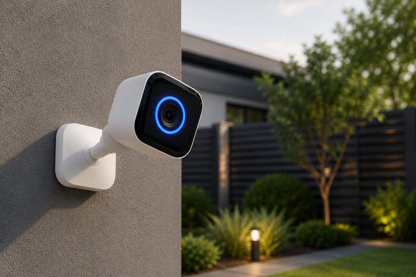 An outdoor security camera mounted on the exterior wall of a modern home