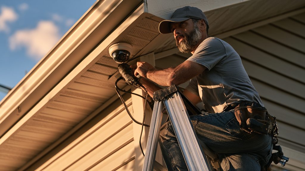 Professional installer on a ladder mounting a wired outdoor security camera and running cable