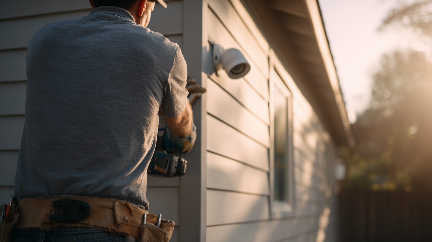 Professional installer mounting an outdoor security camera on a ladder