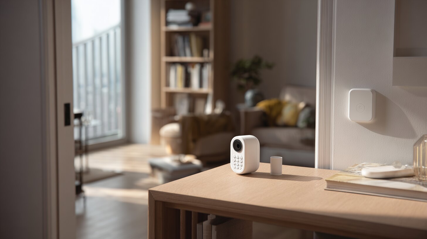 Young woman sitting on her apartment floor beside moving boxes, setting up a wireless security base station next to her WiFi router with the setup screen on her phone