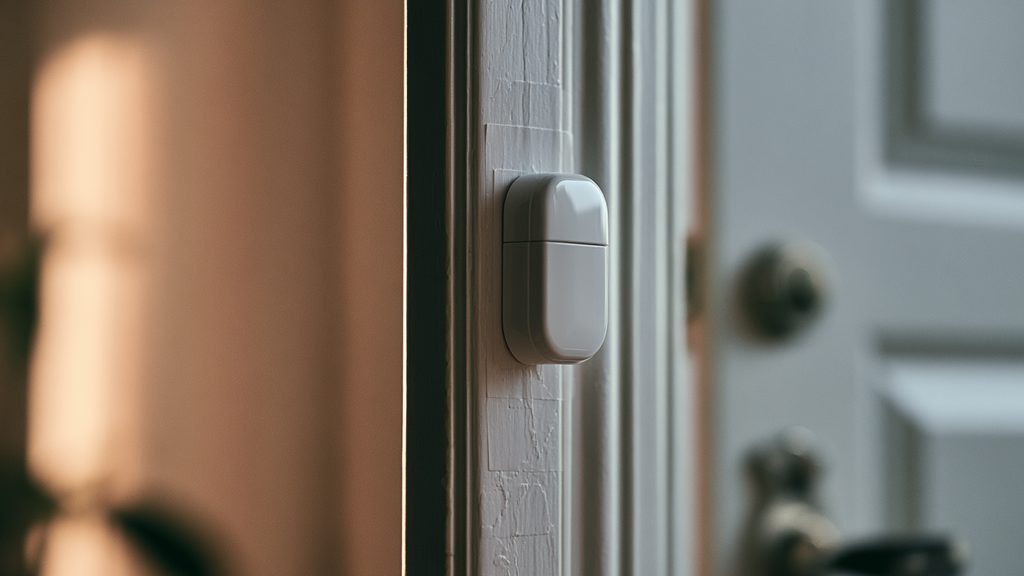 Close-up of a small wireless door sensor mounted on an apartment door frame with adhesive - no drilling required
