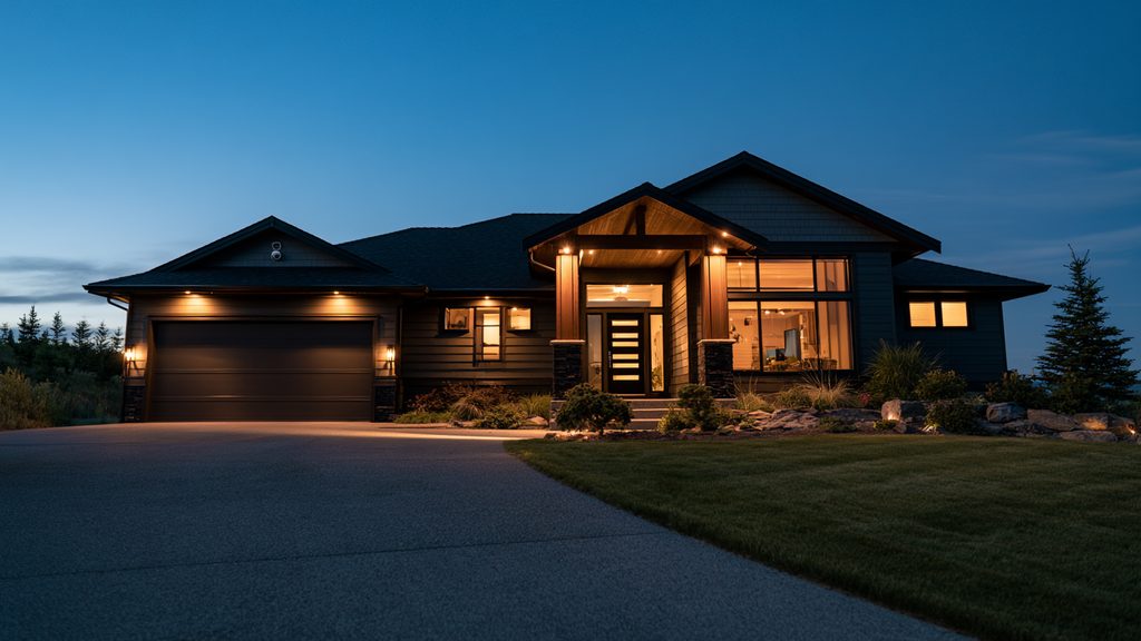 Modern home at night with exterior security cameras and lighting visibly protecting the property