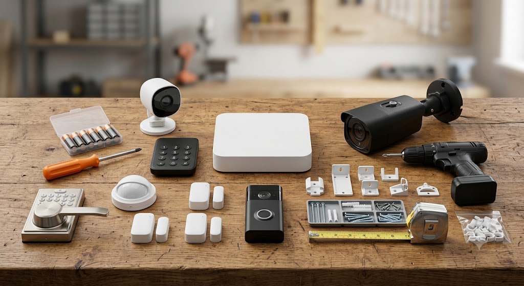 Full home security kit laid out: control panel, cameras, sensors, video doorbell and mounting hardware