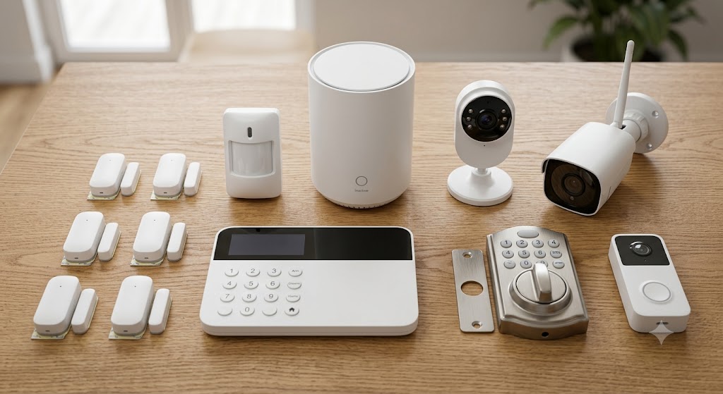 Full SimpliSafe-style kit laid out: base station, keypad, entry sensors, motion sensor, camera, outdoor camera, smart lock and doorbell