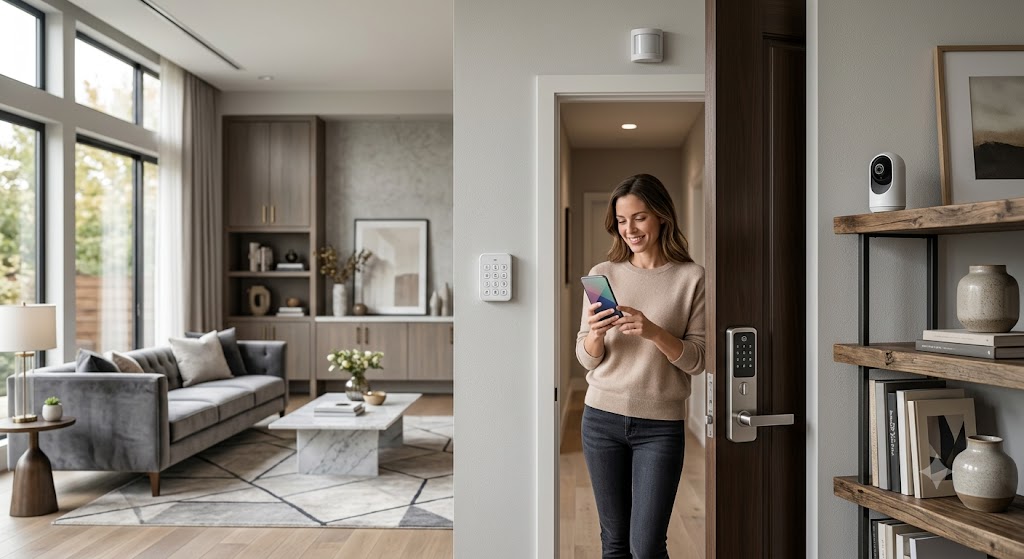 Homeowner arming her security system from a smartphone app in a modern living room