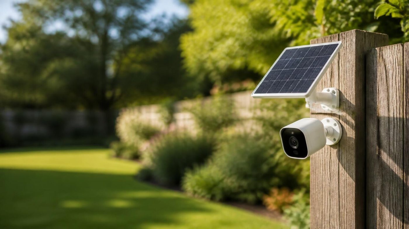 Solar security camera with panel mounted on a wooden backyard fence post in sunlight