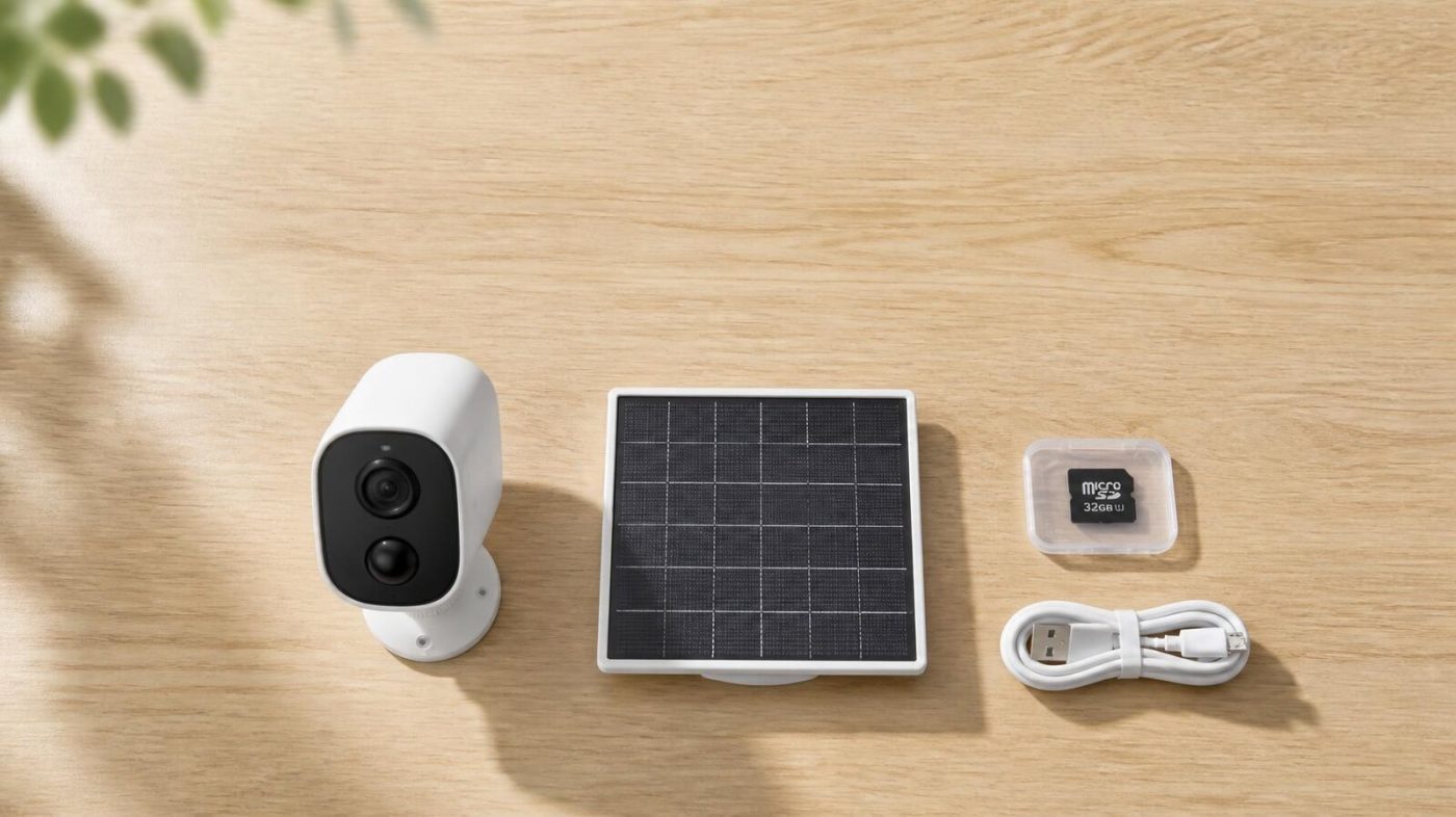 A solar security camera, solar panel, microSD card and USB cable on a table, illustrating no-subscription recording