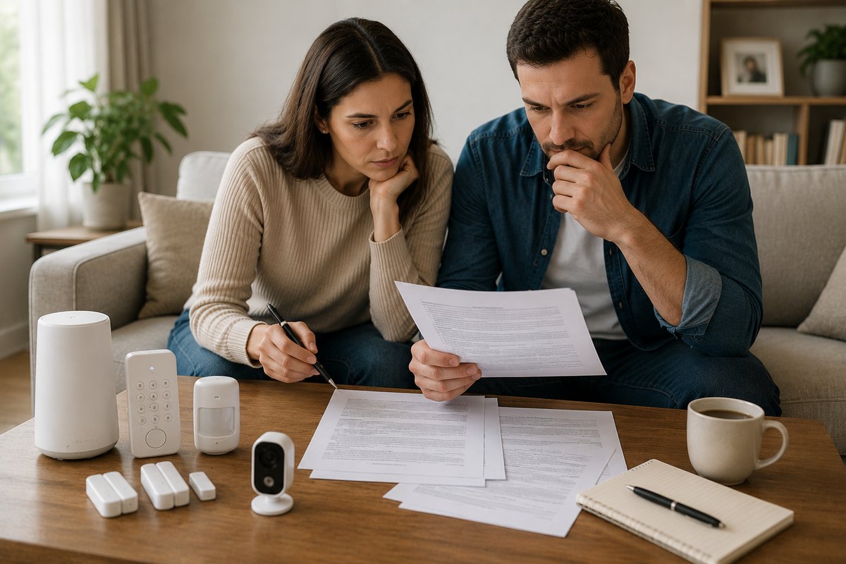 Couple reviewing a security contract together at their coffee table
