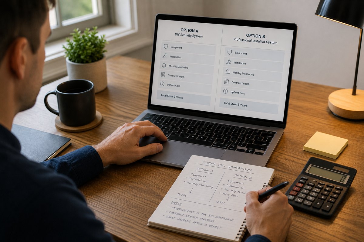 Person comparing home security costs on a laptop and notepad