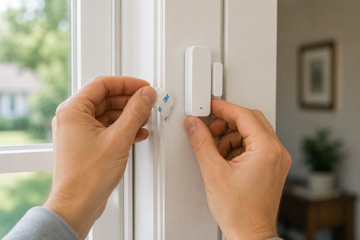 SimpliSafe kit components neatly arranged: base station, keypad, sensors and camera