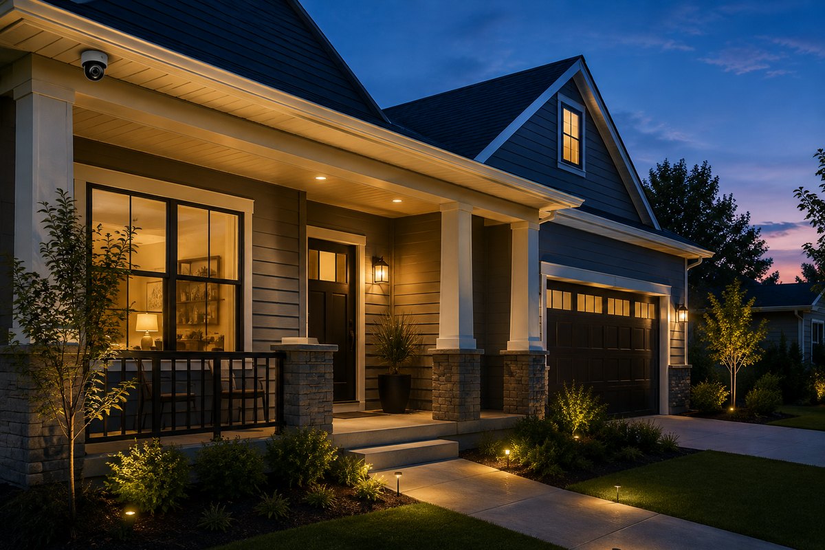 Modern home exterior lit up at night, fully secured