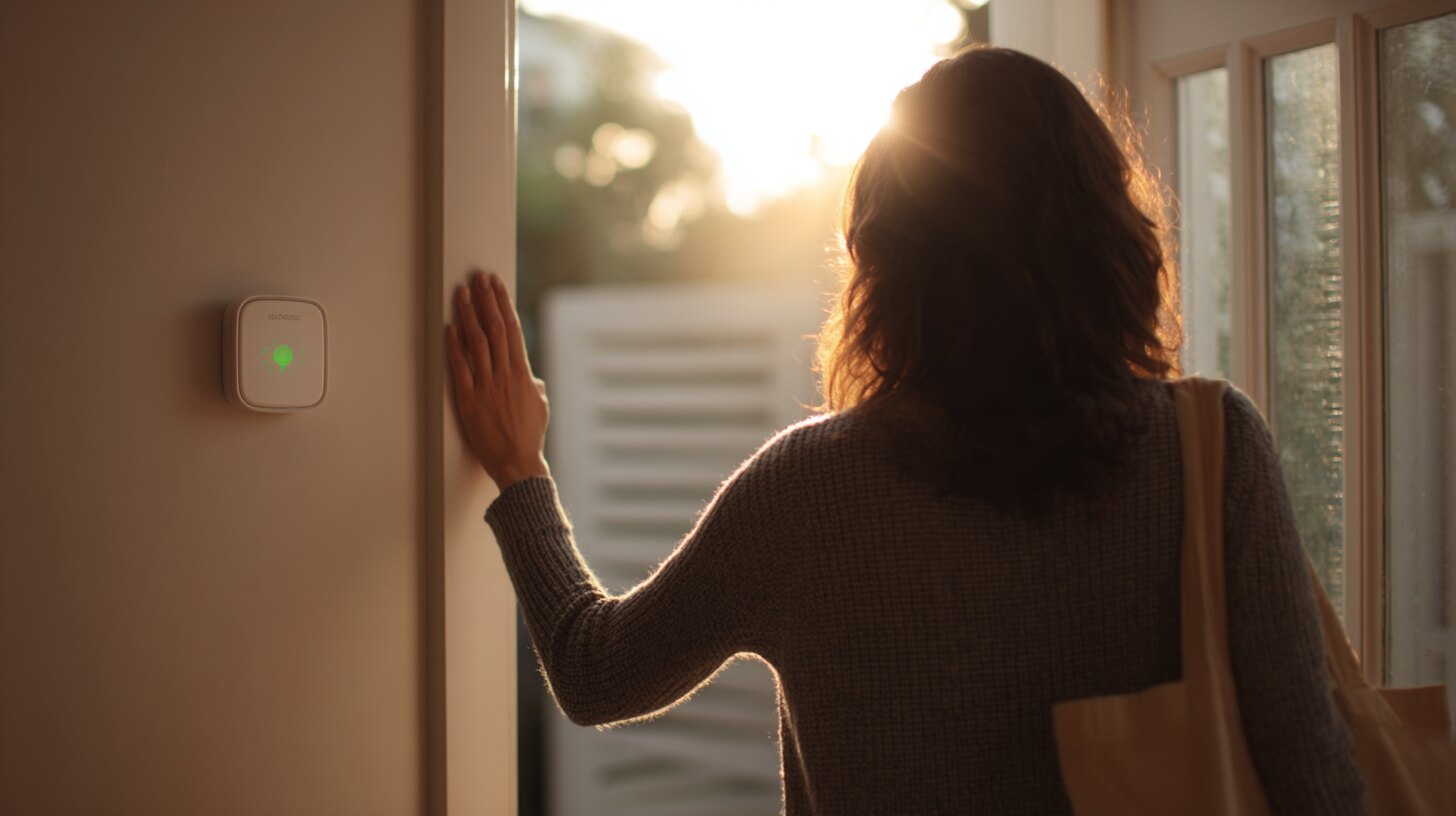 Homeowner arming her SimpliSafe-style keypad by the front door before leaving the house
