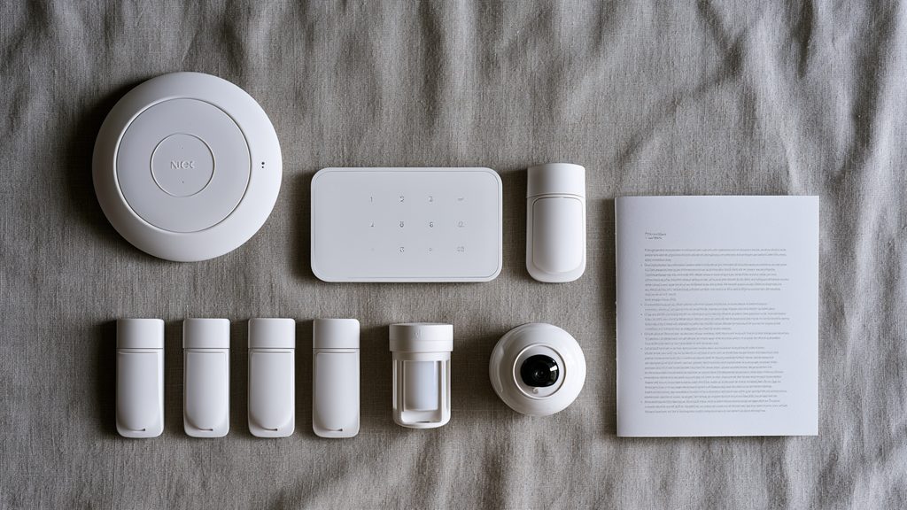 SimpliSafe equipment kit laid out on a table: base station, keypad, sensors, cameras, video doorbell and smart lock