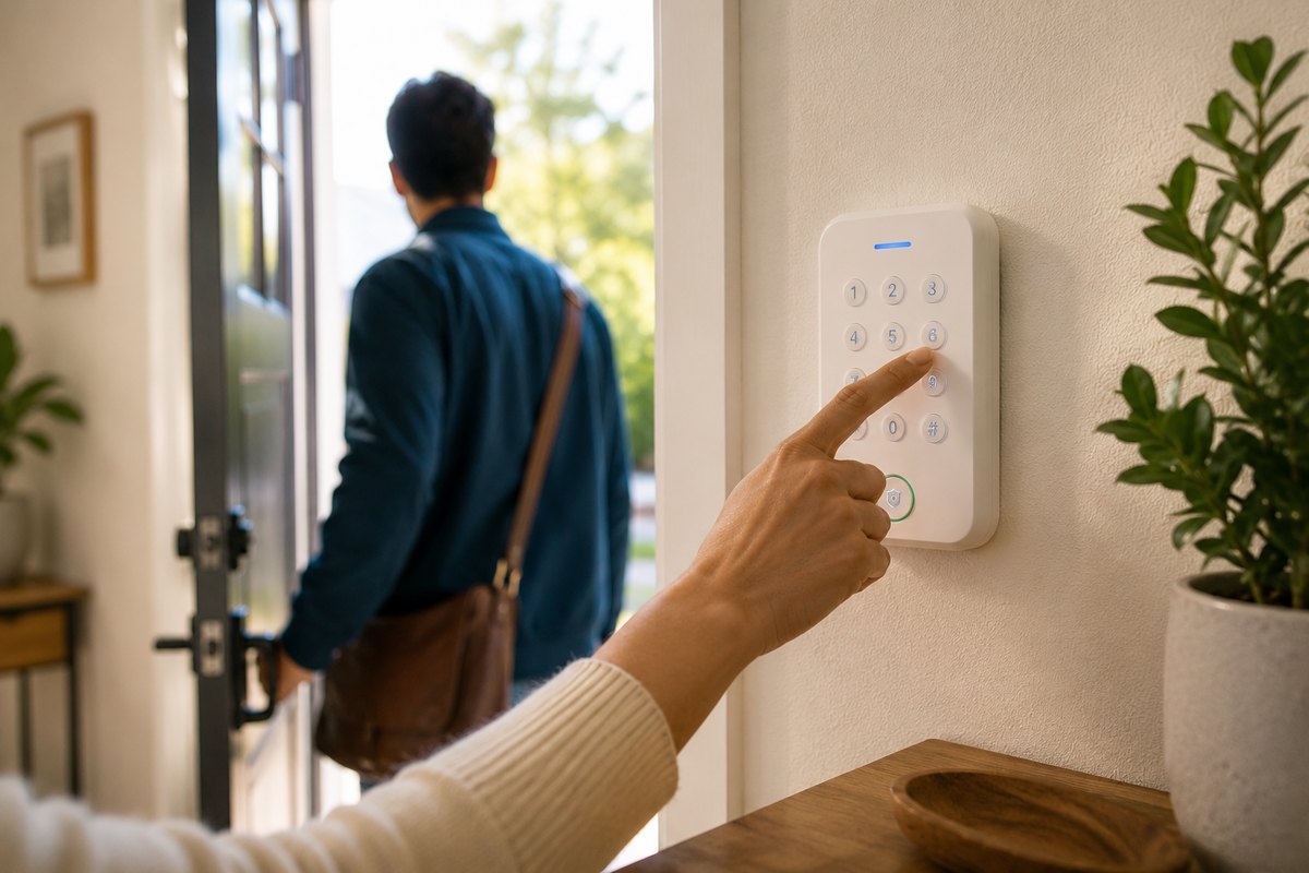 Person arming their SimpliSafe keypad by the front door as they leave