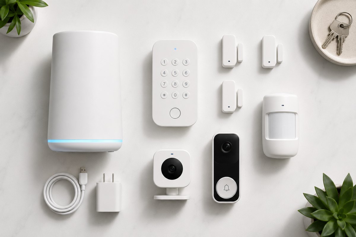 Full SimpliSafe-style kit laid out: base station, keypad, sensors, camera and doorbell