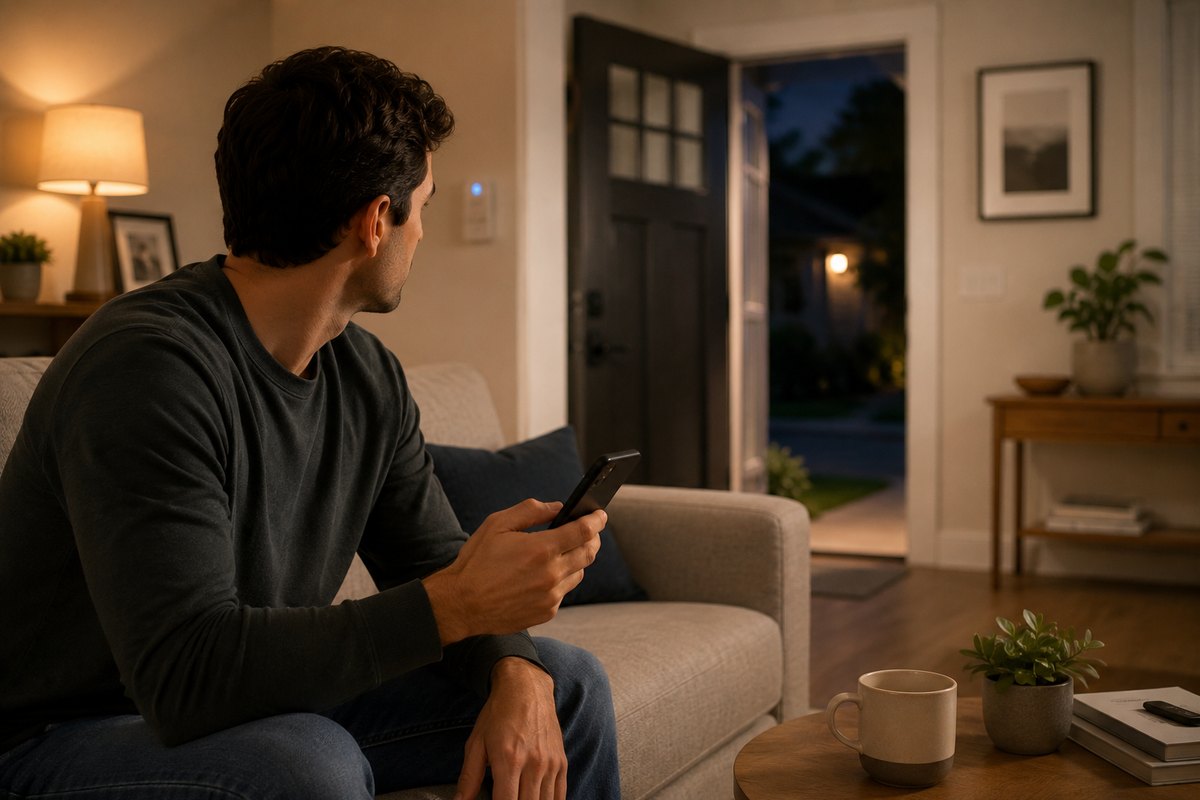 Man on a couch checking his phone anxiously toward the front door
