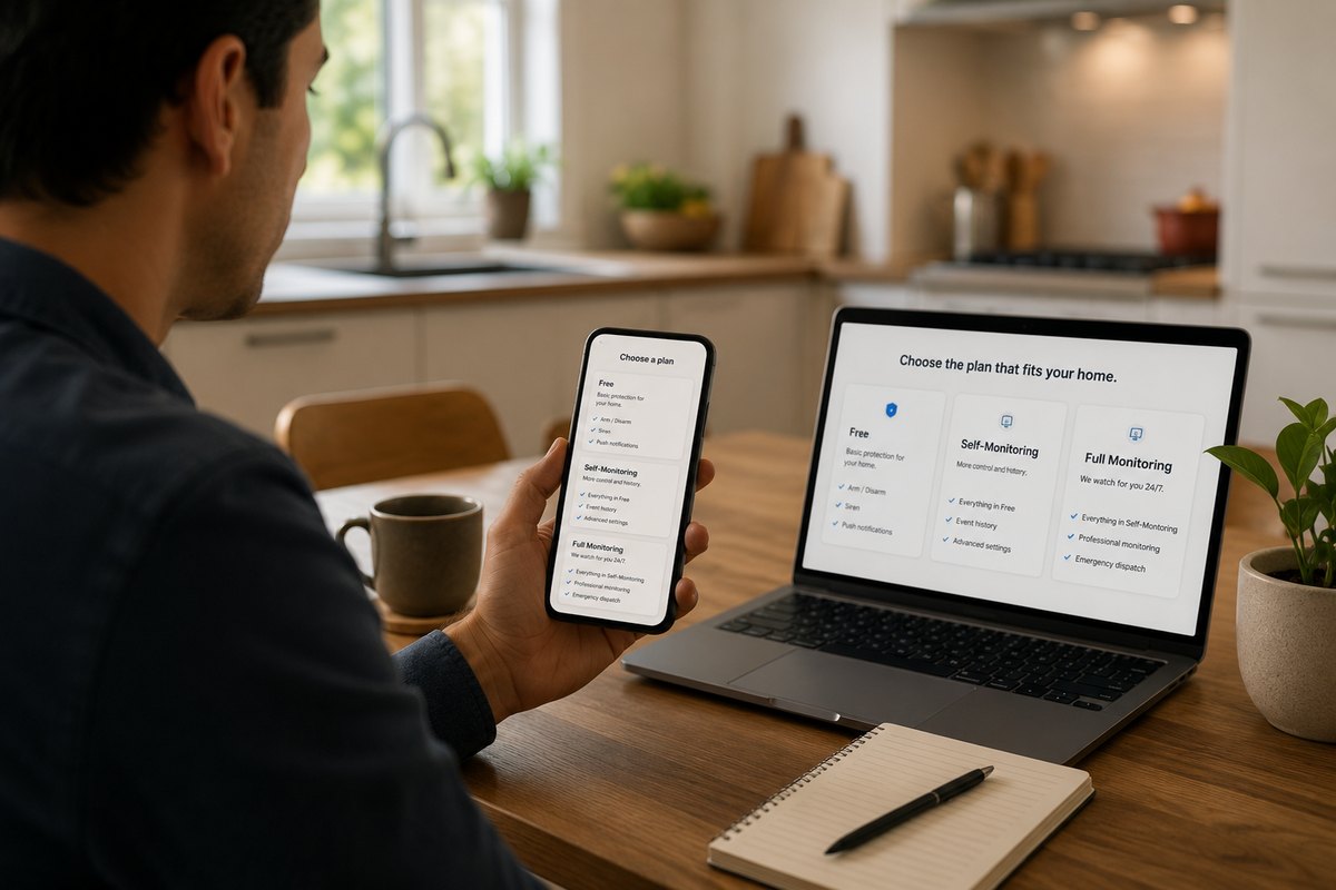 Woman reviewing SimpliSafe monitoring plan options on her phone at a kitchen table
