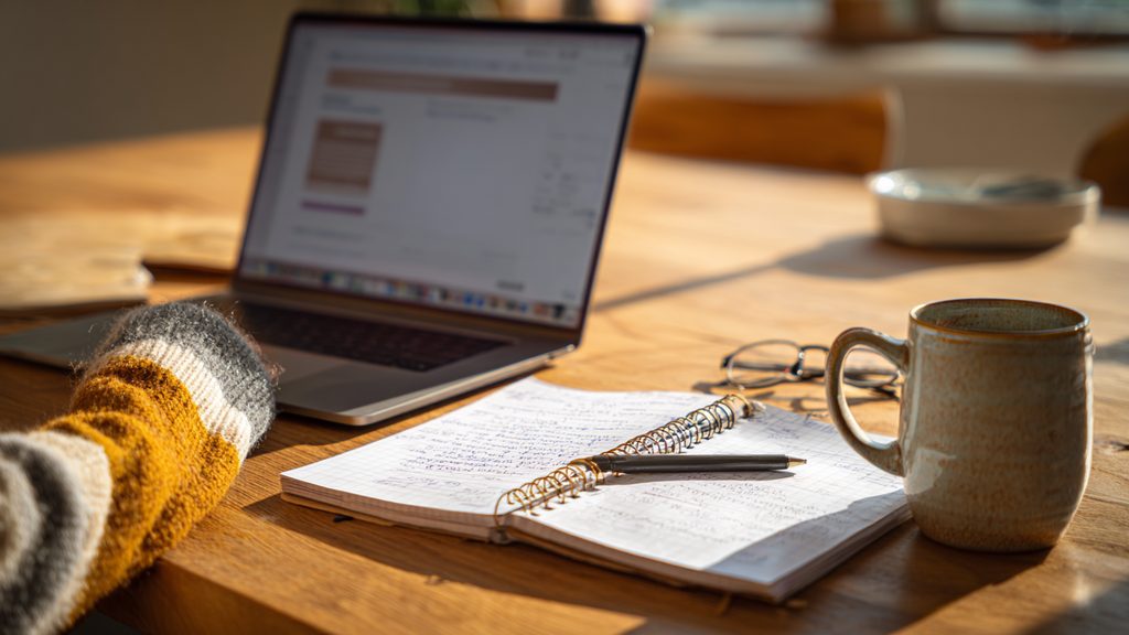 Close-up of a person comparing two home security plans on a laptop and notepad at a kitchen table, weighing monthly costs