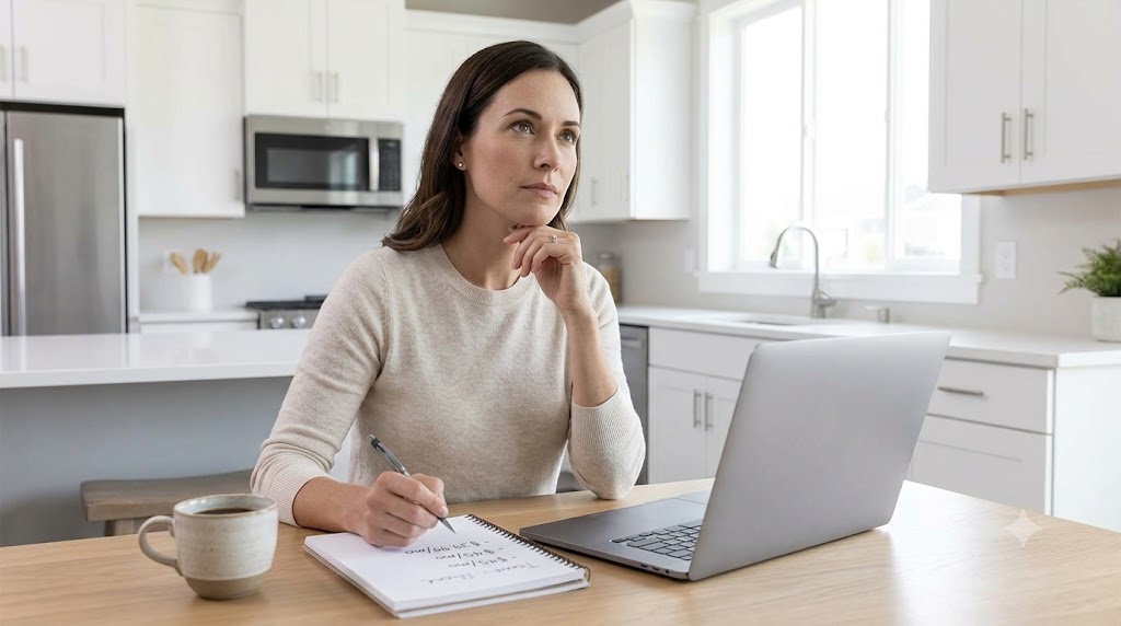 Homeowner at a kitchen table comparing home security monthly plan costs on a laptop with handwritten notes