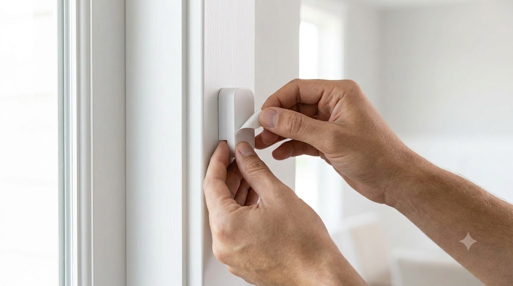 Close-up of a homeowner peeling the adhesive backing off a small wireless door sensor and pressing it onto a white door frame