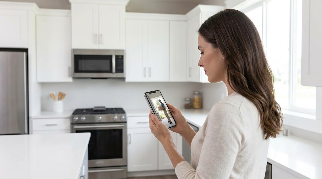 Woman in her kitchen checking a video doorbell live feed on her smartphone showing a delivery person at the front porch