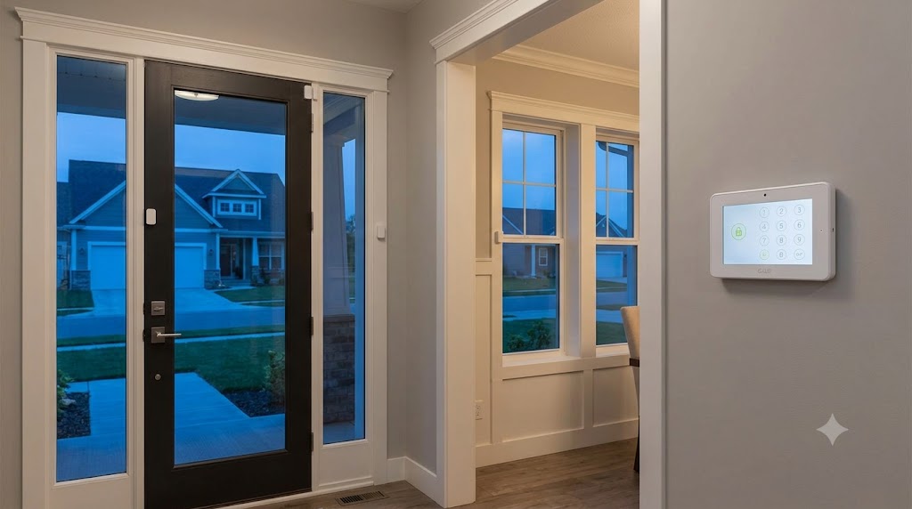 Modern home entryway at dusk with discreet sensors on the door and windows and a softly glowing alarm keypad on the wall