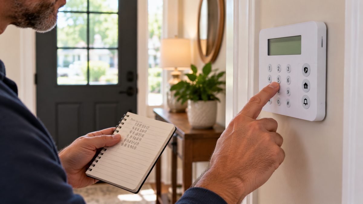 Hand entering a code on a white alarm keypad by a front door