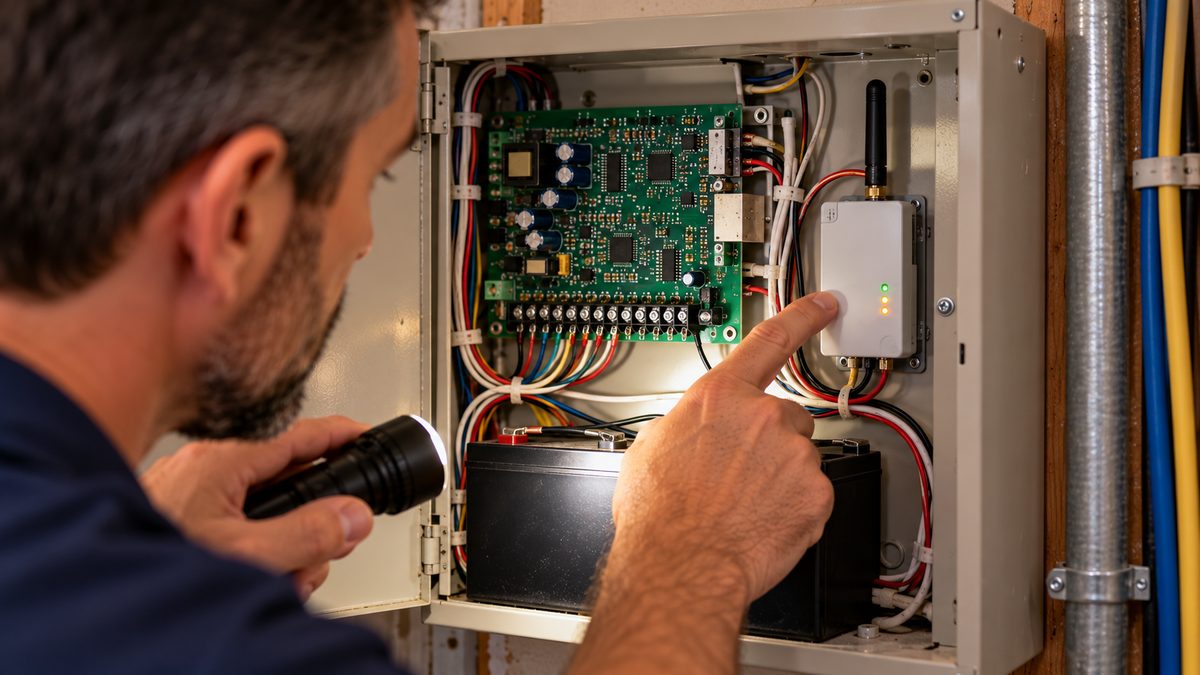Close-up of a cellular communicator module with antenna inside an alarm control box