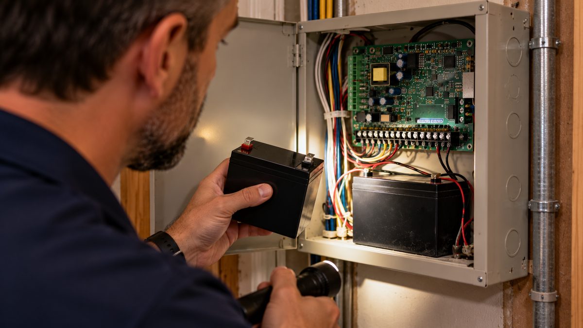 Open grey metal alarm control box with a 12-volt backup battery and circuit board