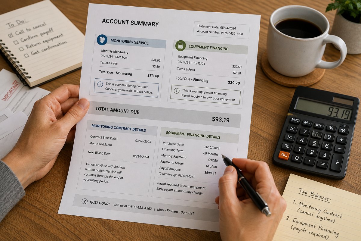 Person reviewing security billing paperwork at a kitchen table