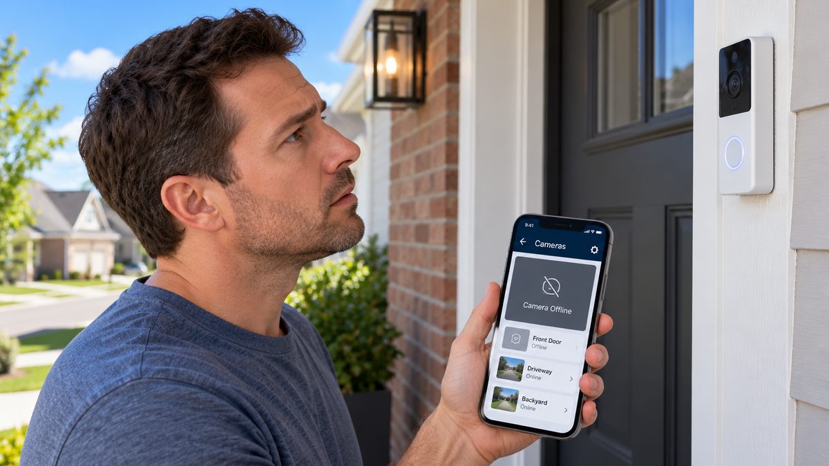 Homeowner on a front porch checking a security app that shows the doorbell camera offline