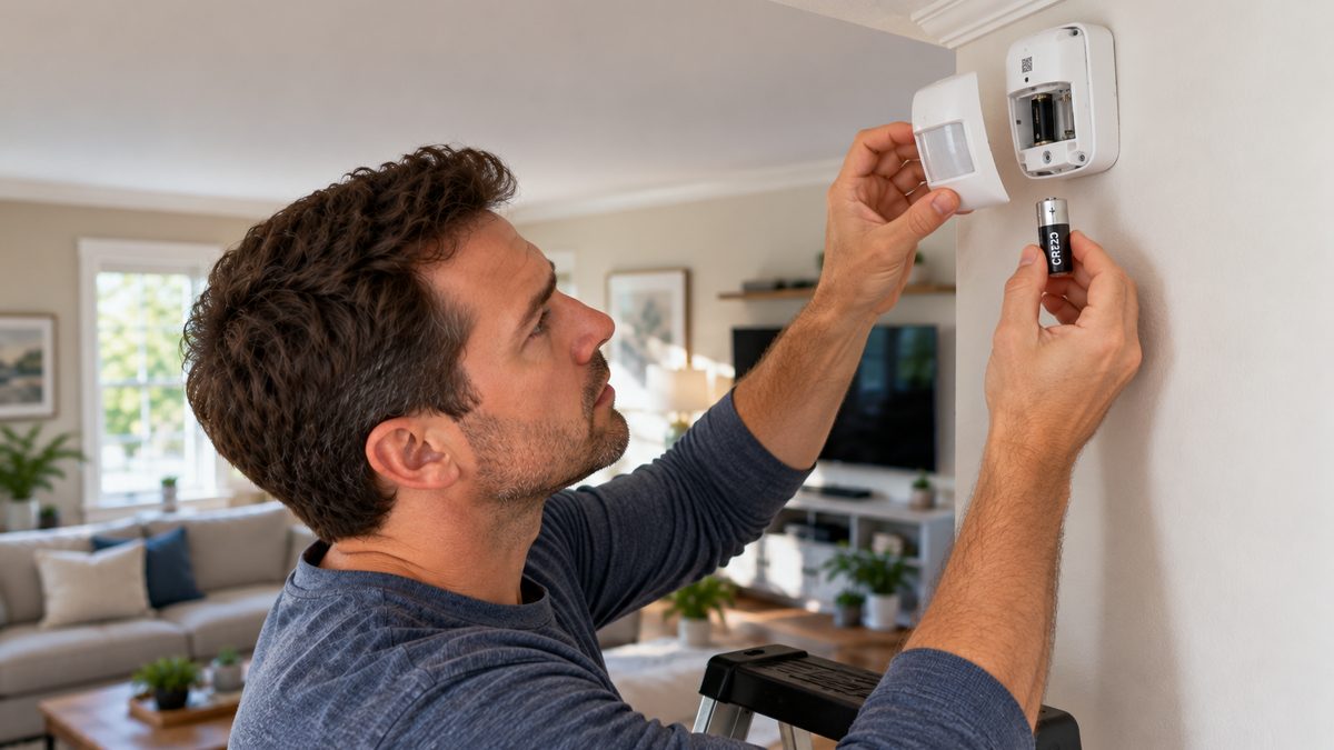 Hands replacing the CR123A battery in a wall-mounted motion sensor