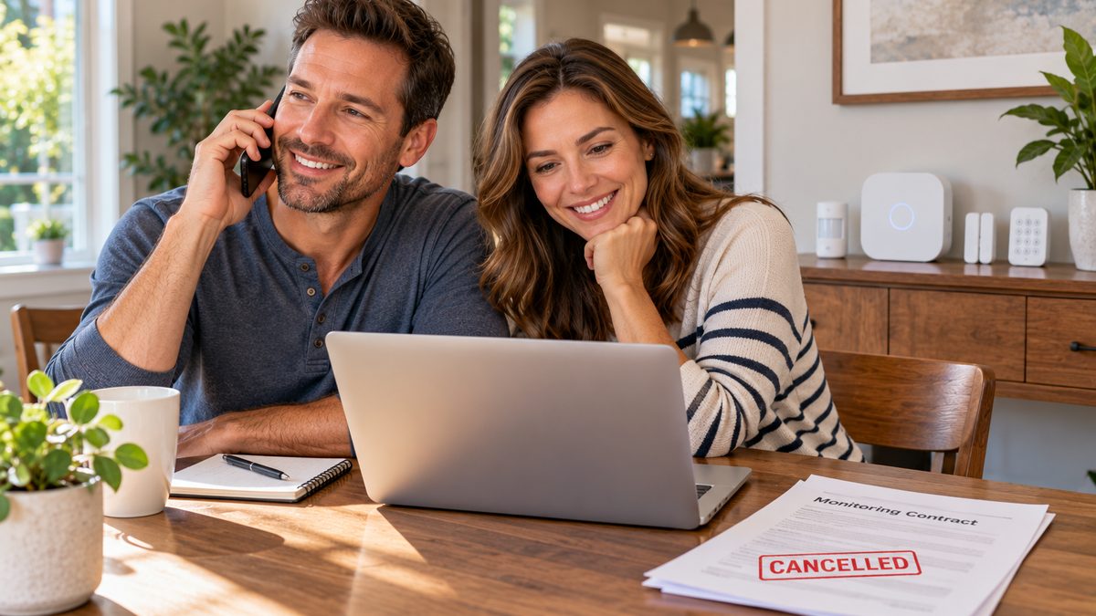 Couple at a dining table reviewing a monitoring contract and discussing alternatives