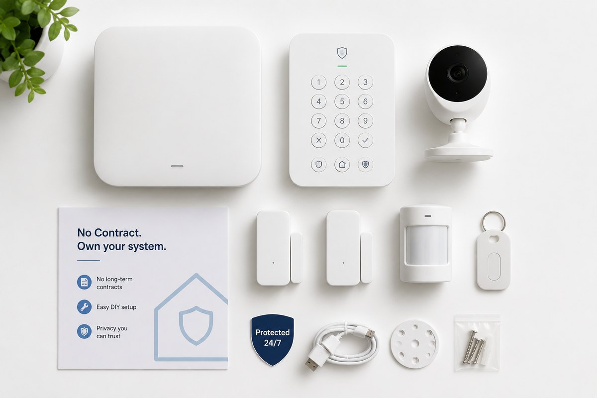 No-contract DIY security kit laid out: base station, keypad, sensors and camera