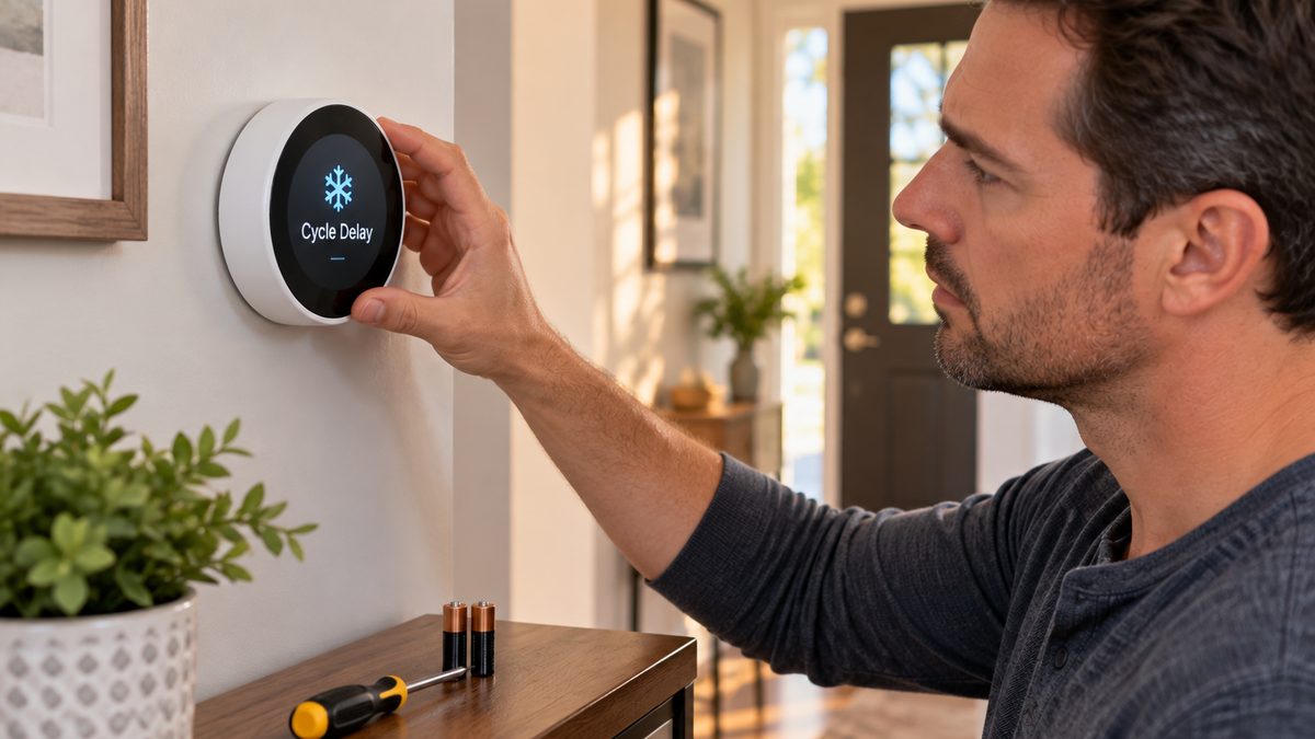Hand adjusting a smart thermostat showing a cycle delay message