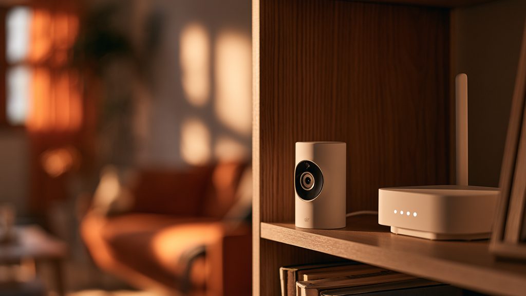 A wireless security camera on a bookshelf with a WiFi router visible in the background of a living room